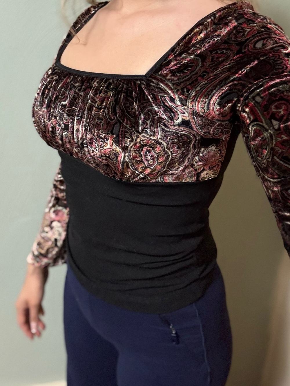 Y2K Velvet Paisley Long-Sleeve Top in Black and Burgundy